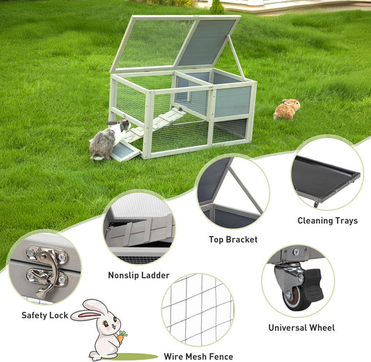 COZIWOW Wooden 36Inches Rabbit Hutch Outdoor with Wheels Bunny Cage Indoor Rabbit Cage with Clean Tray, Openable Roof, Anti-Slip Ramp for Small Bunny (Grey with Pattern)
