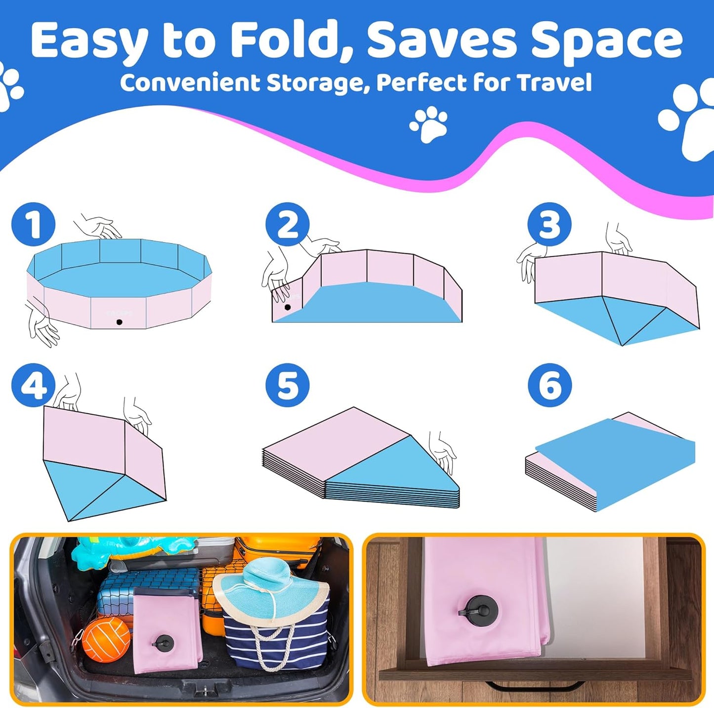 2025 Updated Foldable Dog Pool, 47" x 12" Kiddie Pool with Hard Plastic, Non-Slip Dog Bath Tub for Outdoor Backyard, Collapsible Dog Swimming Pool for Kids Dogs Pets (Pink)