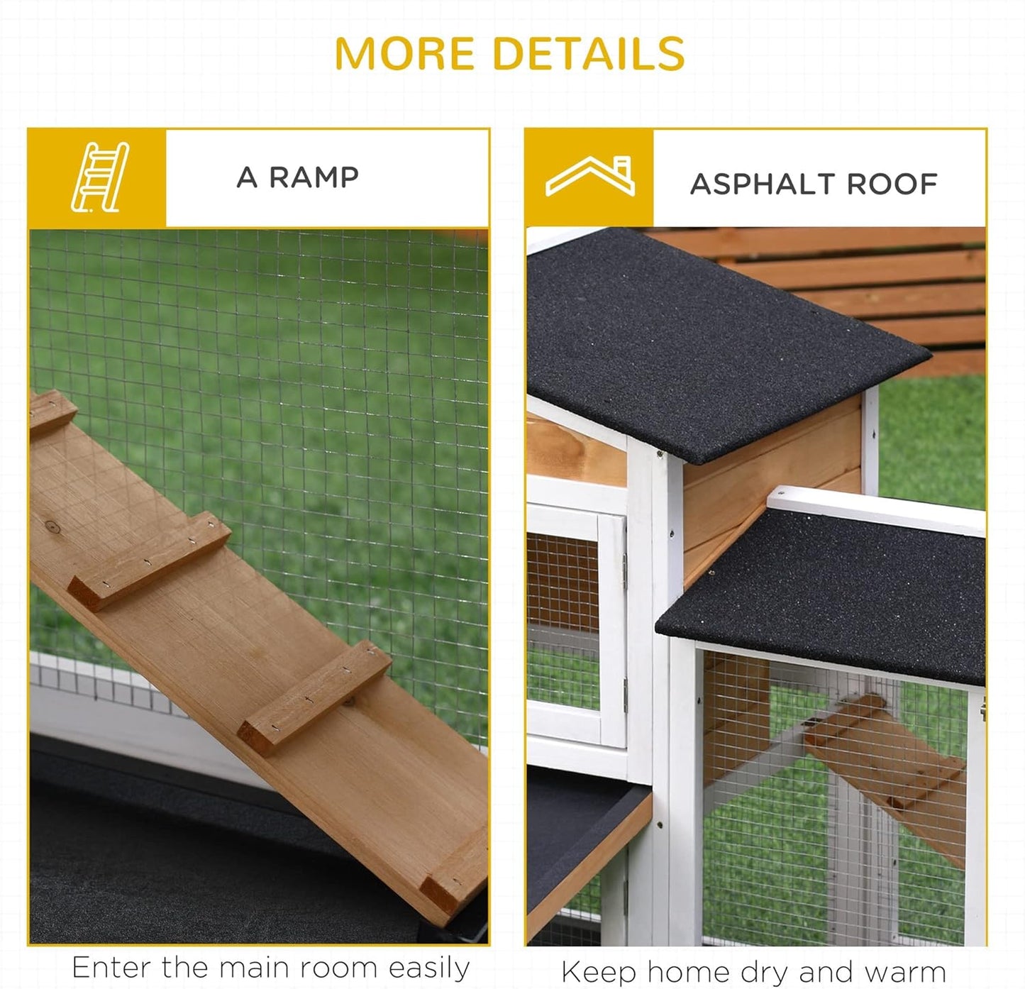 PawHut 62" Rabbit Hutch, Wooden Bunny Hutch, Guinea Pig Cage, Small Animal Enclosure with Run Area, Removable Tray, Asphalt Roof, Lockable Doors and Ramp, Nature Wood