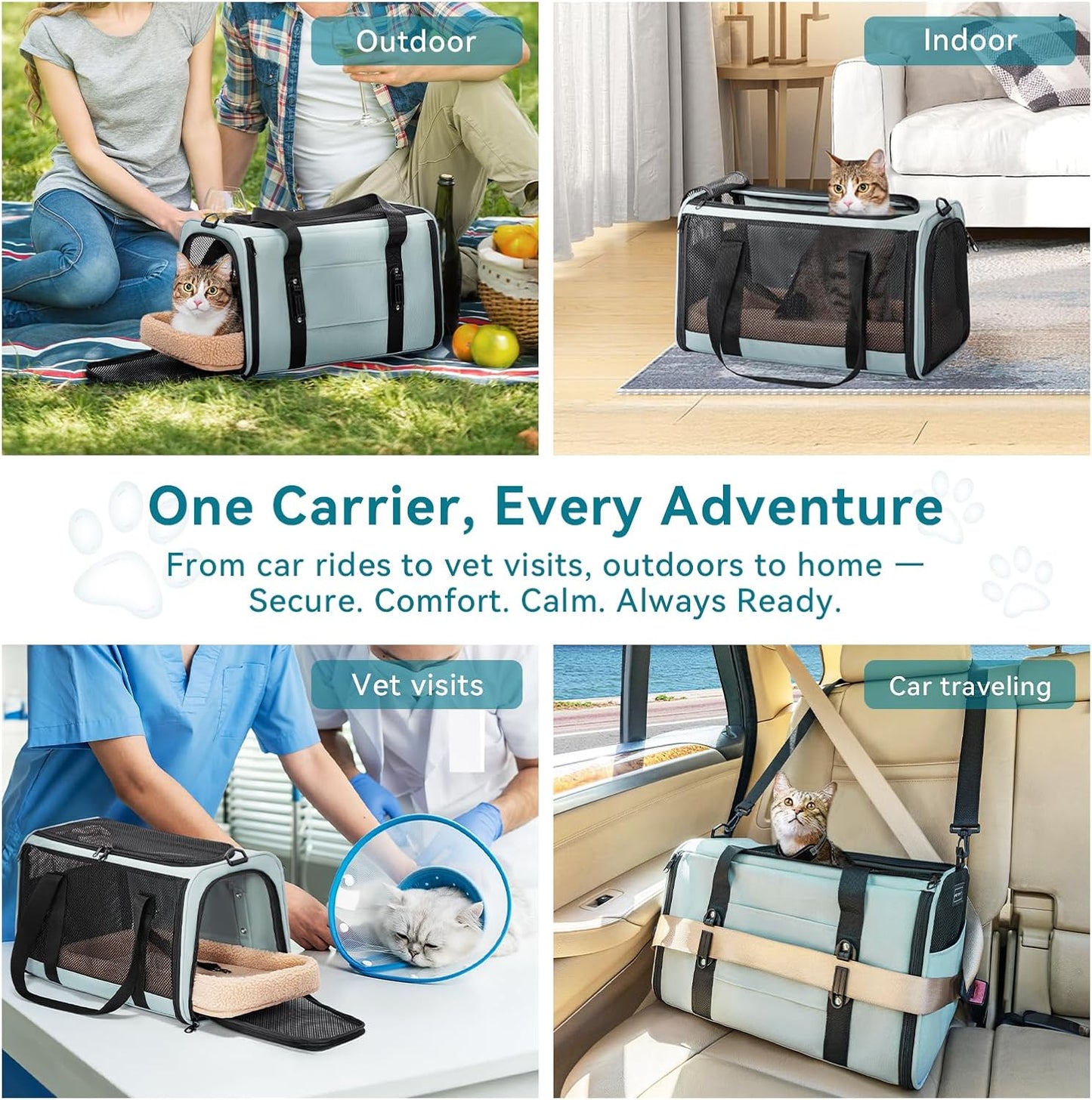 Petsfit Pet Carrier for Large and Medium Cats, Large Capacity Lightweight Soft-Sided Pet Carrier for Travel, with Adjustable Shoulder Strap, Locking Zipper Head and Washable Fleece Pad,Green