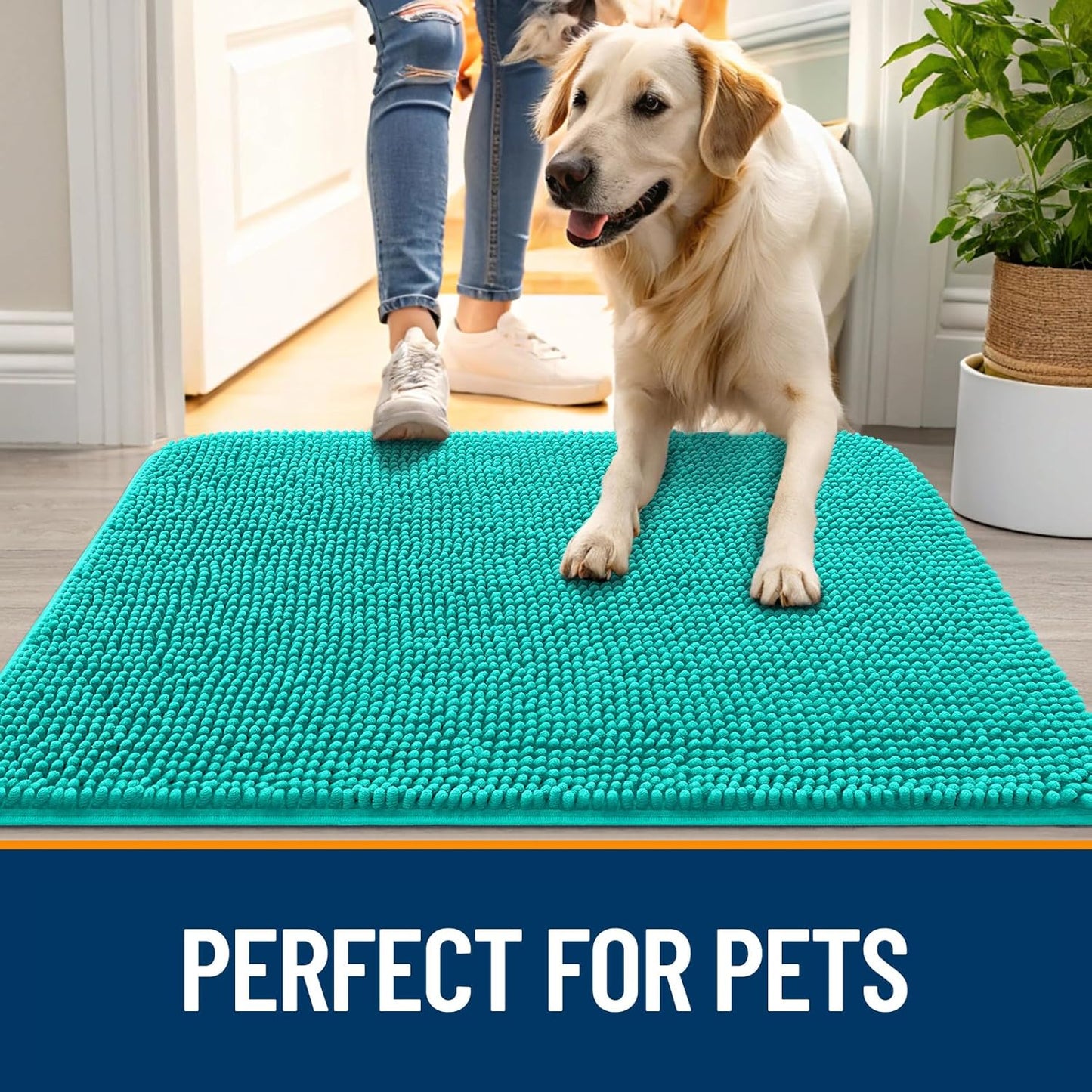 OLANLY Dog Door Mat for Muddy Paws 47x32, Absorbs Moisture and Dirt, Absorbent Non-Slip Washable Doormat, Quick Dry Chenille Mud Mat for Dogs, Entry Indoor Entryway Carpet for Inside Floor, Teal