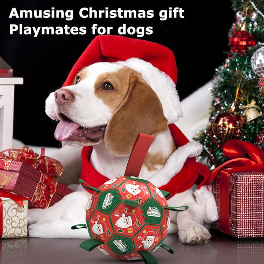 QDAN Christmas Dog Balls with Straps, Soccer Ball for Dogs for Small Medium Pet, Interactive Rope Toys, Puppy Birthday Gifts (6 Inch)