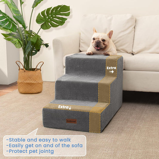 Dog Stairs for Small Dogs & Cats,3-Step Extra Wide Non-Slip Pet Steps for Couch Sofa and Chair,Grey,15.7" H