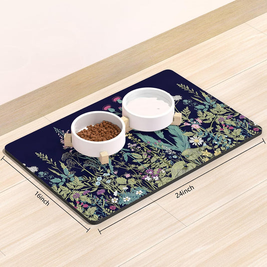 Rnivvi Dog Food Mat, 16" x 24" Flower Absorbent Dog Cat Bowl Mat for Food and Water, Cute Anti-Slip Rubber Pet Feeding Rug Protect Floors, Puppy Placemat for Feeding & Watering Supplies,Black Floral