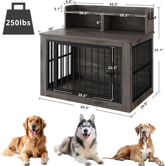 IRONCK Extra Large Dog Crate Furniture, 43.3 inches Wooden Dog Crate with Storage and 4 Hooks, Heavy Duty Pet Crate for Large Dog, Decorative Pet Cage for Indoor (30" L x 43.3" W x 41.1" H)