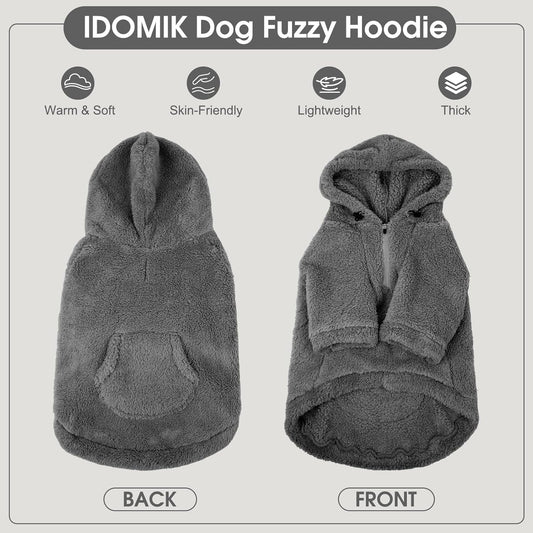 IDOMIK Fuzzy Dog Sweater with Adjustable Hood, Warm Fleece Dog Sweater Hoodie with Harness Hole & Pocket, Pullover Sweaters for Medium Dogs, Fuzzy Hooded Sweatshirt for Fall Winter Christmas,Grey,M