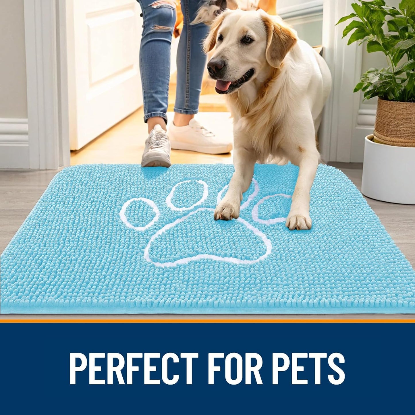 OLANLY Door Mat for Muddy Dog Paws 30x20, Ultra Absorbent Chenille Mud Doormat with Paw Print Design, Non-Slip Washable Doormat for Indoor Entryway, Quick-Dry Pet Bed Mats for Dirty Dogs, Blue