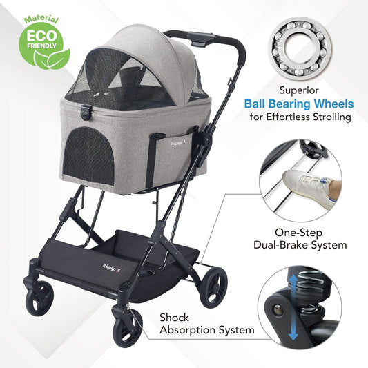 ibiyaya Essential β Travois Tri-Fold Pet Travel System for Medium Dogs, Cats, and More, 3 in 1 Dog Stroller with Detachable Carrier, XL Cabin (Taupe Gray)