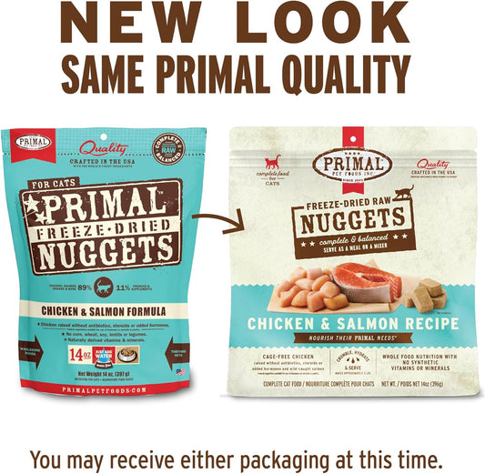 Primal Freeze Dried Raw Cat Food Nuggets Chicken & Salmon, Complete & Balanced Meal or Topper, Premium, Healthy, Grain Free, High Protein Raw Cat Food with Probiotics (14 oz)