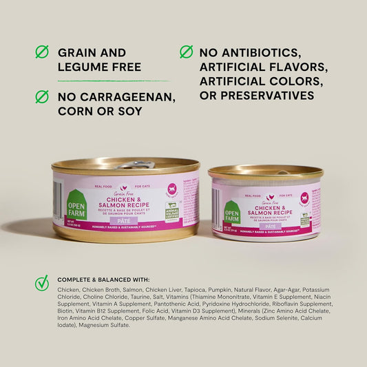 Open Farm Canned Cat Food, Paté for Complete & Balanced Nutrition, Grain-Free and Legume-Free Wet Cat Food, Chicken & Salmon Recipe, 5.3oz Cans (Case of 12)