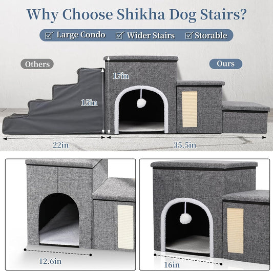 Upgrade XL Dog Stairs for Bed and Couch, 35.5"L x 13.8"D x 17"H, Foldable Dog Steps with Wider Stairs, Large Condo, Storage Space, Pet Stairs Steps for Cats, Small/Older Large Dogs, Hold Up to 180lbs