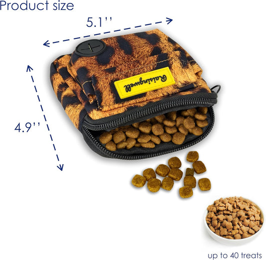 Dog Treat Pouch for Pet Walking and Training with Clicker Poop Bags and Double Bag Design Small Fanny Zipper Pack Holder for Puppy Snack Dispenser Kit for Leash and Outdoor Use Leopard Print