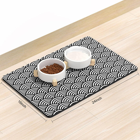 Rnivvi Dog Food Mat, 16" x 24" Absorbent Dog Cat Bowl Mat for Food and Water, Cute Anti-Slip Rubber Pet Feeding Rug Protect Floors, Puppy Placemat for Feeding & Watering Supplies,Gray Rounded Wave