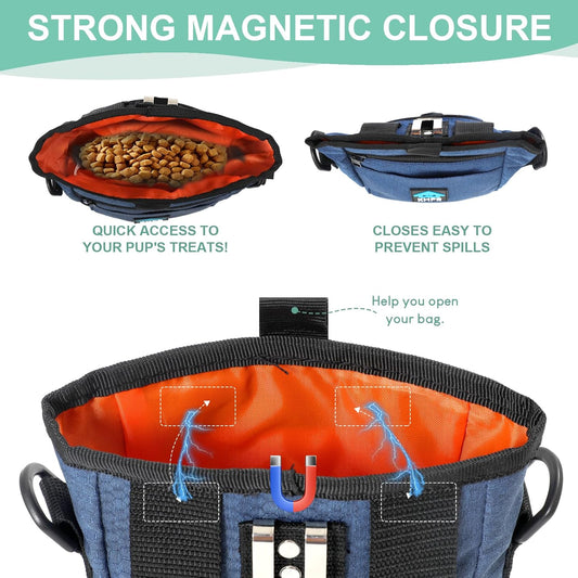 Dog Treat Pouch Magnetic Closure with Training Clicker,Hands-Free Design to Prevent Spills,Built in Poop Bag Dispenser,3 Ways To Wear,Metal Clip Waist Belt and Fanny Pack for Pet Walking(Blue)