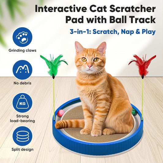 20-Inch Round Cat Scratcher with Ball Track β 3-in-1 Cardboard Scratching Pad with Feather Toy & Non-Slip Base β Interactive Cat Toy for Indoor Cats, Kittens & Large Cats (Blue)