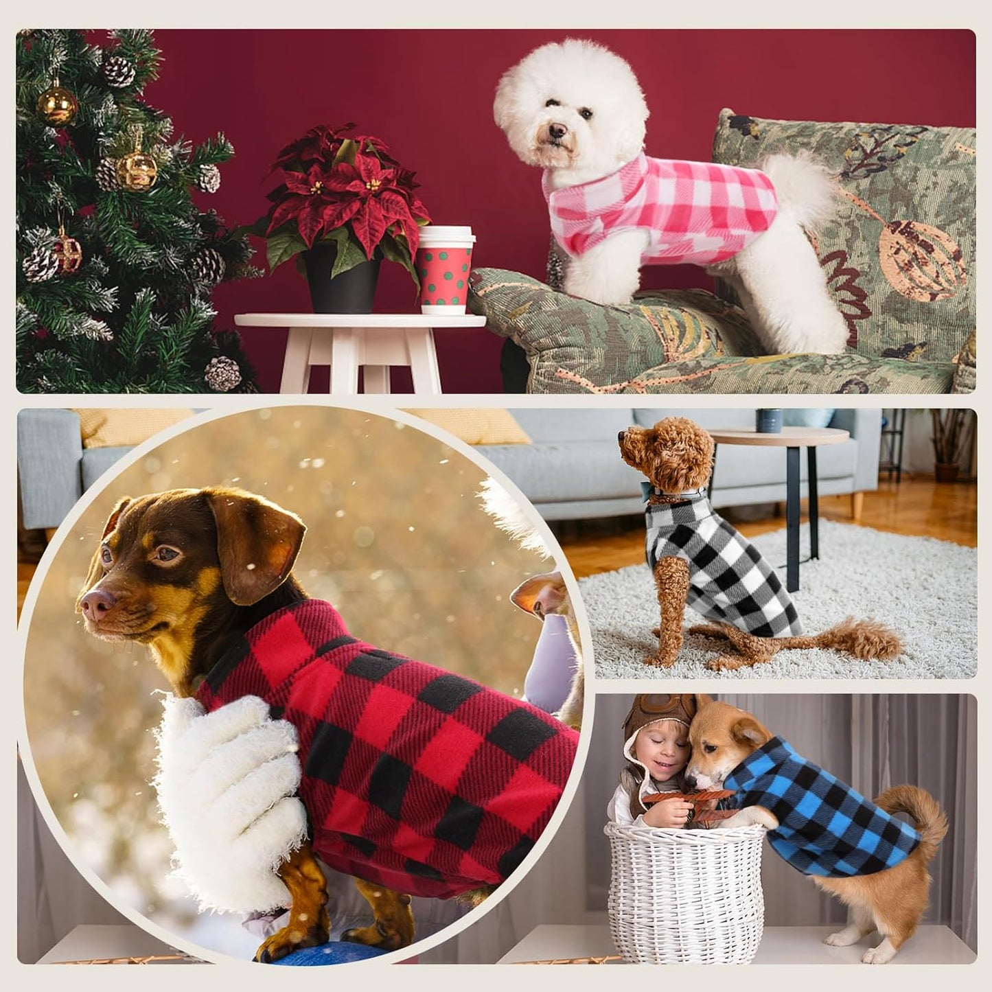 Kuoser Dog Fleece Vest,Warm Plaid Dog Sweater with Leash Hole,Soft Turtleneck Winter Pet Jacket Dogs Coat Pullover Clothes for Small Medium Dogs Cats,Spring Fall Cold Weather Christmas Outfit,Red L