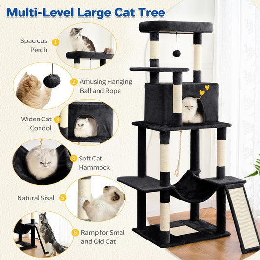 Cat Tree Tower 63in Multi-Level Cat Tower for Indoor Cats with Sisal Scratching Posts, Condo, Hammock, Dangling Ball and Extended Platform for Cats to Play, Black