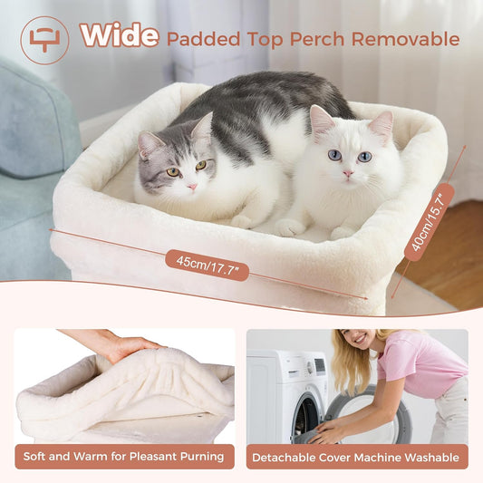 Cat Tree with Large Top Bed 17.7x15.7β Small Cat Tower with Dual Condos,28β Fully Scratching Post and Self Groomer for Indoor Cats-Beige