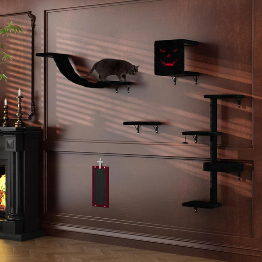 COZIWOW Wall-Mounted Cat Tree | Space-Saving Feline Furniture with Multiple Levels | Durable Scratch Post for Indoor Cats, Black&Red