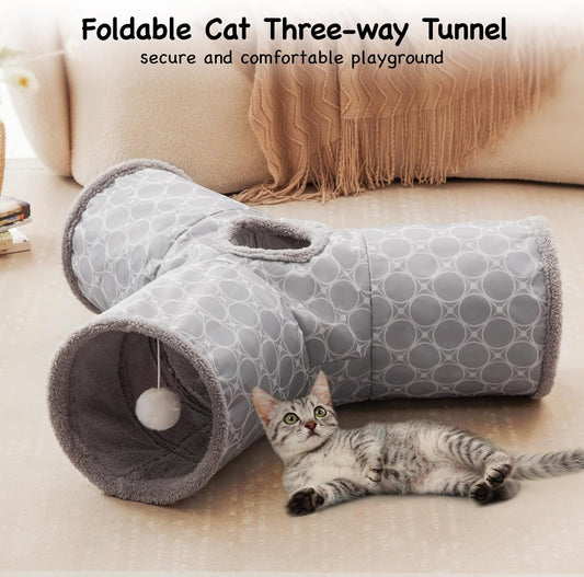 Tempcore Pet Cat Tunnel Tube Cat Toys 3 Way Collapsible, Cat Tunnels for Indoor Cats Fleece-Lined in for Warmth,Kitty Tunnel Bored Pet Toys Peek Hole Toy Ball Cat, Puppy, Kitten, Geometry Grey