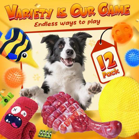 KIPRITII 12-Pack Large Dog Chew Toys for Aggressive Chewers - Includes Indestructible Chew Bone, Interactive Tug Toys, Squeaky Toys, Great for Medium & Large Breeds Dog