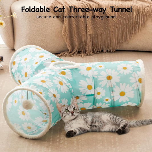Tempcore Pet Cat Tunnel Tube Cat Toys 3 Way Collapsible, Cat Tunnels for Indoor Cats,Kitty Tunnel Bored Pet Toys Peek Hole Toy Ball, Puppy, Kitty, Kitten, Rabbit Daisy Blue Printed
