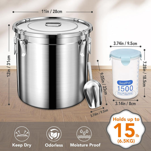 Dog Food Storage Containers, Large Stainless Steel Pet Food Storage Containers 15 lb / 6.5 kg to Keep Fresh, Metal Airtight Cat Food Containers With Scoop and 2 Small Containers