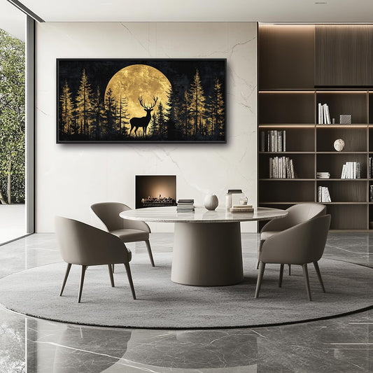 Large Moon Deer Forest Wall Art for Living Room, Black Gold Canvas Oversized Wall Decor, Elk Animal Framed Pictures Painting Print Artwork for Bedroom Office 60L" x 30W"