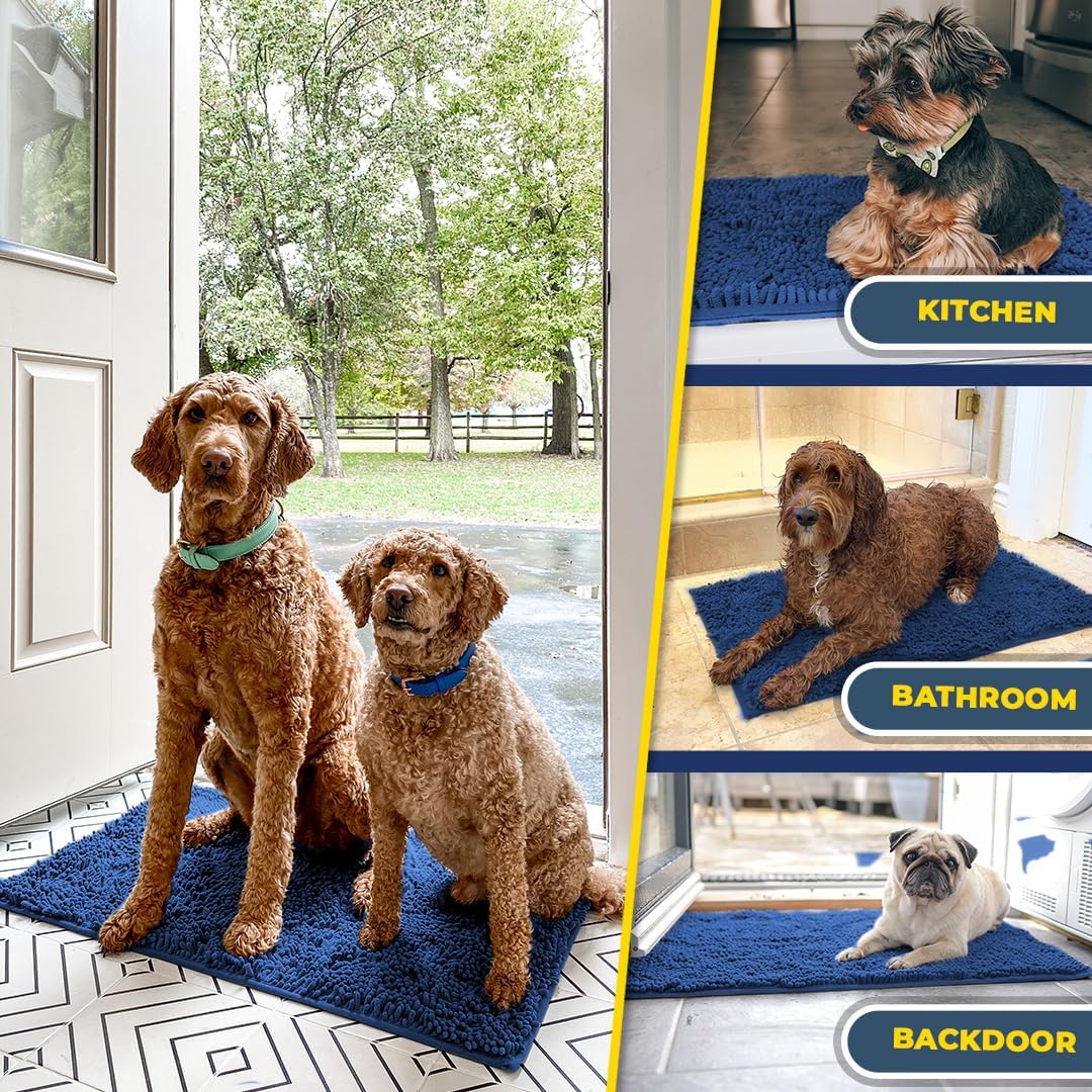 Muddy Mat® AS-SEEN-ON-TV Highly Absorbent Microfiber Dog Door Mat and Pet Rug, Non Slip Thick Washable Area and Bath Mat Soft Chenille for Kitchen Bathroom Bedroom and Indoor- Navy Blue Runner 24"X60"