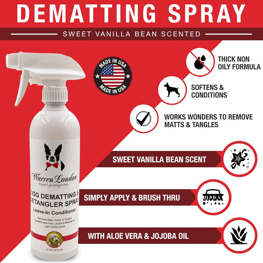Warren London Dog Mat Remover Combo | Detangling Spray 16oz & Rake Brush | Tackles Tangles, Knots & Mats | 16oz Aloe & Jojoba Spray + Grooming Rake | $40 Value β Only $29.99