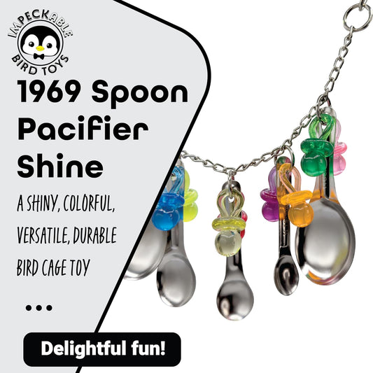 1969 Spoon Pacifier Shine - Handcrafted with Stainless Steel Spoons, Acrylic link chain and Acrylic Pacifiers, Shiny and noisy, Great for Medium size birds African Greys Conures Amazons and More