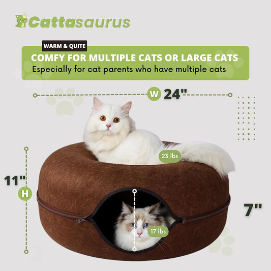 Cattasaurus Peekaboo Cat Cave for Multiple & Large Cats Up to 30-45 Lbs, Scratch Detachable & Washable Tunnel Bed, Comfy Donut Cat Cave (Brown, Large)