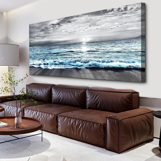 Lapremoly Large Canvas Wall Art For Living Room Wall Decor For Bedroom Office Wall Decorations Black And White Beach Wall Painting Blue Ocean Sea Wave Pictures Stretched and Framed Modern Artwork