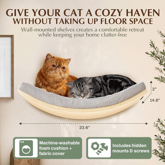 Extra Large 23.6βΓ14.6β CALLICO HAVEN- Stylish Cat Wall Shelves with Curved Design, Modern Wall-Mounted Cat Tree Hammock with Soft Cushion, Sturdy/Hidden Mounts, Washable Cover, Sleek Design -C Shape