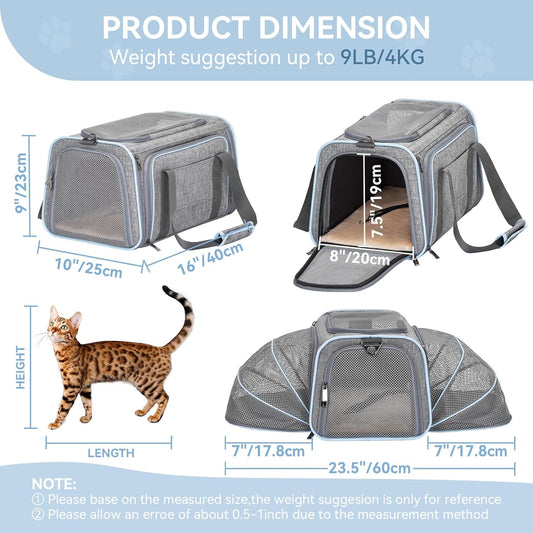 Petsfit Expandable Small Cat Carriers Dog Carrier, Airline Approved Soft-Sided Portable Washable Pet Travel Carrier with Two Extension Up to 9LB