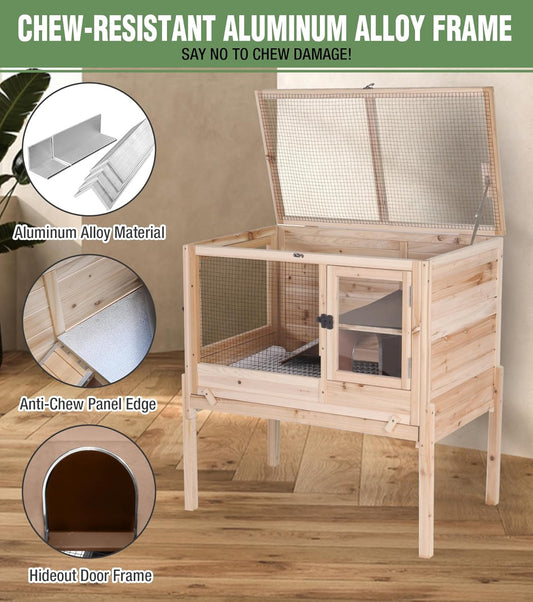 GUTINNEEN Guinea Pig Cage Rabbit Cage Indoor with Chew-Proof Edges, Clean Deep Tray, Leakproof PVC Layer, Small Animals Cage with Adjustable Legs - Natural Wood Color