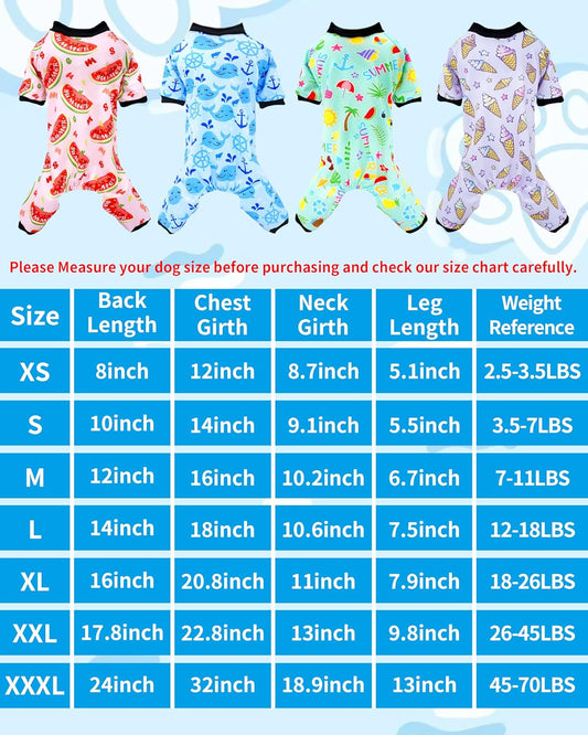 PET SHOW 4 Pack Small Dog Pajamas Watermelon Doggies Soft Stretchy PJs Whale Ice Cream Jumpsuit Puppy Cats Girl Boy Floral Onesies Outfits with Sleeve Pets Breathable Summer Dog Clothes Costume XS