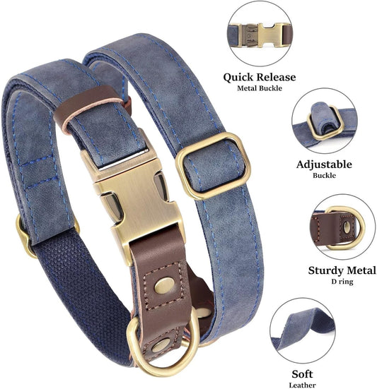 Didog Soft PU Leather Dog Collar for Large Dogs,Classic Adjustable Dog Collars with Quick Release Metal Buckle,Easy Clean and Comfortable with Nylon Lining,Blue,L Neck 15-23"