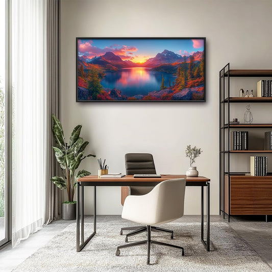 Large Lake Mountain Landscape Wall Art for Living Room, Nature Sunrise Canvas Oversized Wall Decor, River Forest Scenery Framed Pictures Painting Print Artwork for Bedroom Office 60"L x 30"W