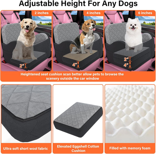 Dog Booster Car Seat, 6in Memory Foam Adjustable Booster Cushion for Small/Medium Dogs, Detachable and Washable Dog Car Seat with Cooling Mat, Pet Booster Seat with Storage Pockets, 2 Safety Belts