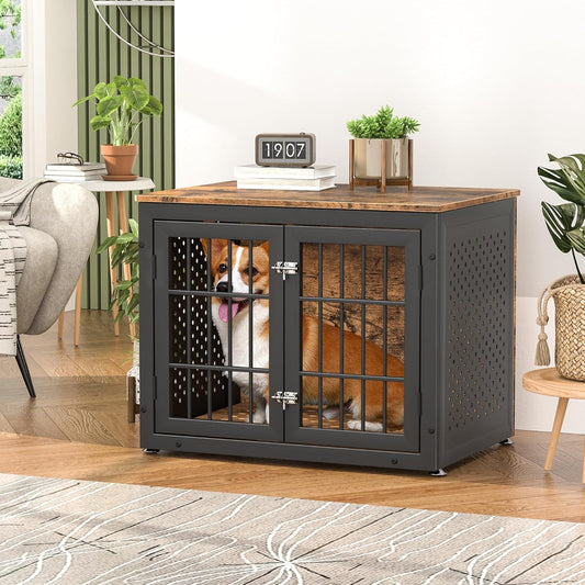 32" Heavy Duty Dog Crate Furniture for Small and Medium Dogs, Metal Kennel for High Anxiety Dogs, Chew Proof Pet Cage Indoor, Decorative Dog Kennel End Table