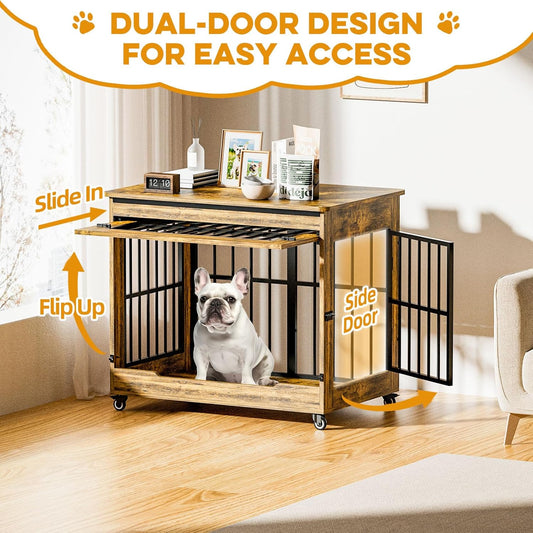 38" Dog Crate Furniture, Double Door Wooden Indoor Dog Kennel Furniture, Decorative Pet Cage End Table with Wheels for Large and Medium Breed Dogs, Size L, Rustic Brown