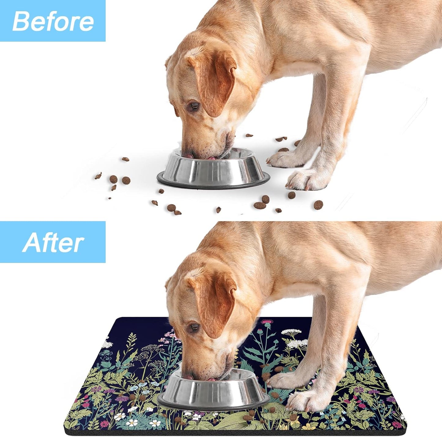 Rnivvi Dog Food Mat, 16" x 24" Flower Absorbent Dog Cat Bowl Mat for Food and Water, Cute Anti-Slip Rubber Pet Feeding Rug Protect Floors, Puppy Placemat for Feeding & Watering Supplies,Black Floral