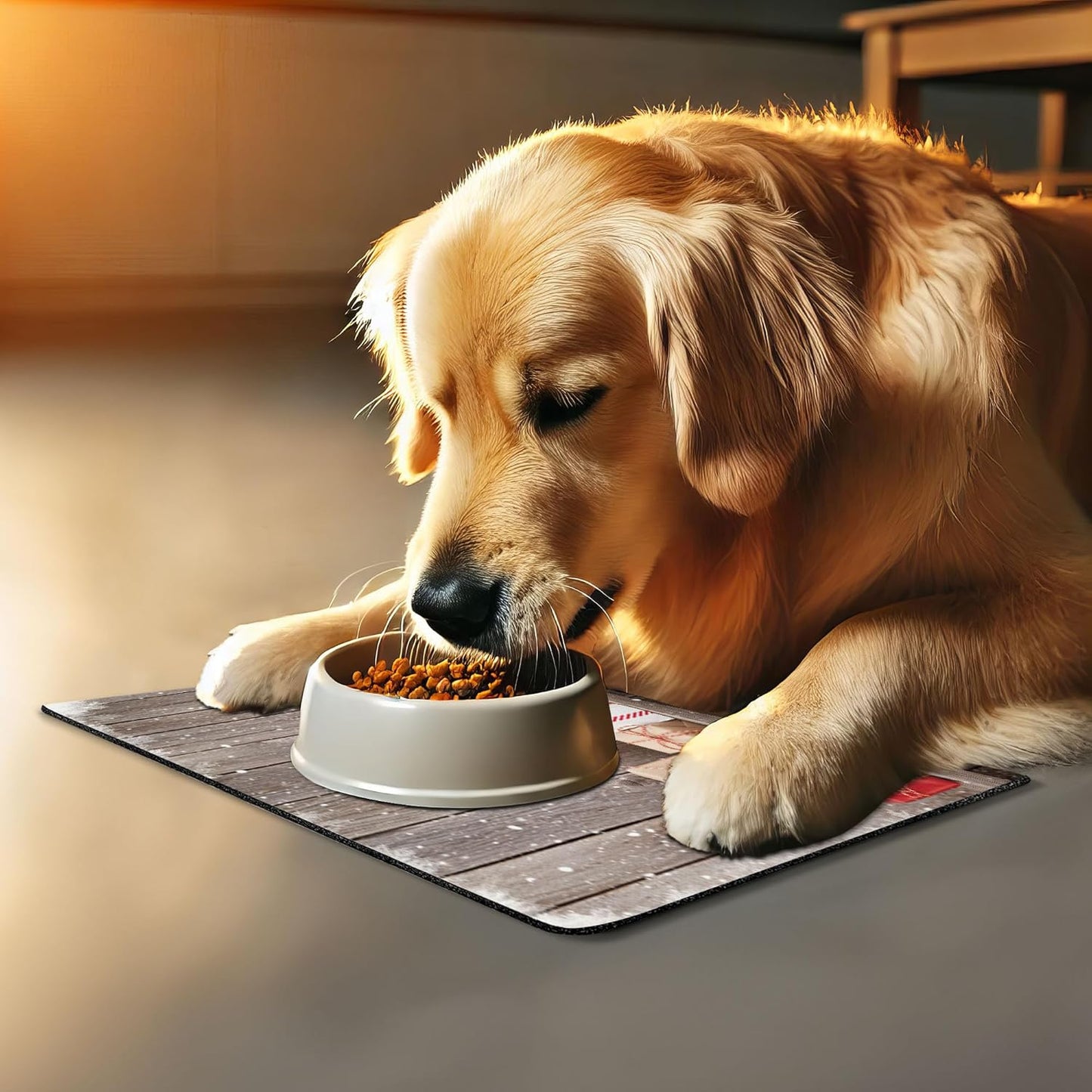 Lunarable Christmas Pet Mat for Food and Water, Concept Photo with Present Boxes Front of Wooden Wall and Snowflake Frame, Non-Slip Rubber Mat for Dogs and Cats, 18" X 12", Burgundy Grey