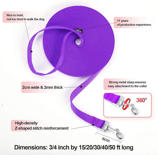 Dog/Puppy Obedience Recall Training Agility Lead - 30ft Long Training Leash,3/4in Wide - Great for Play, Camping, or Backyard(Purple 30 Feet