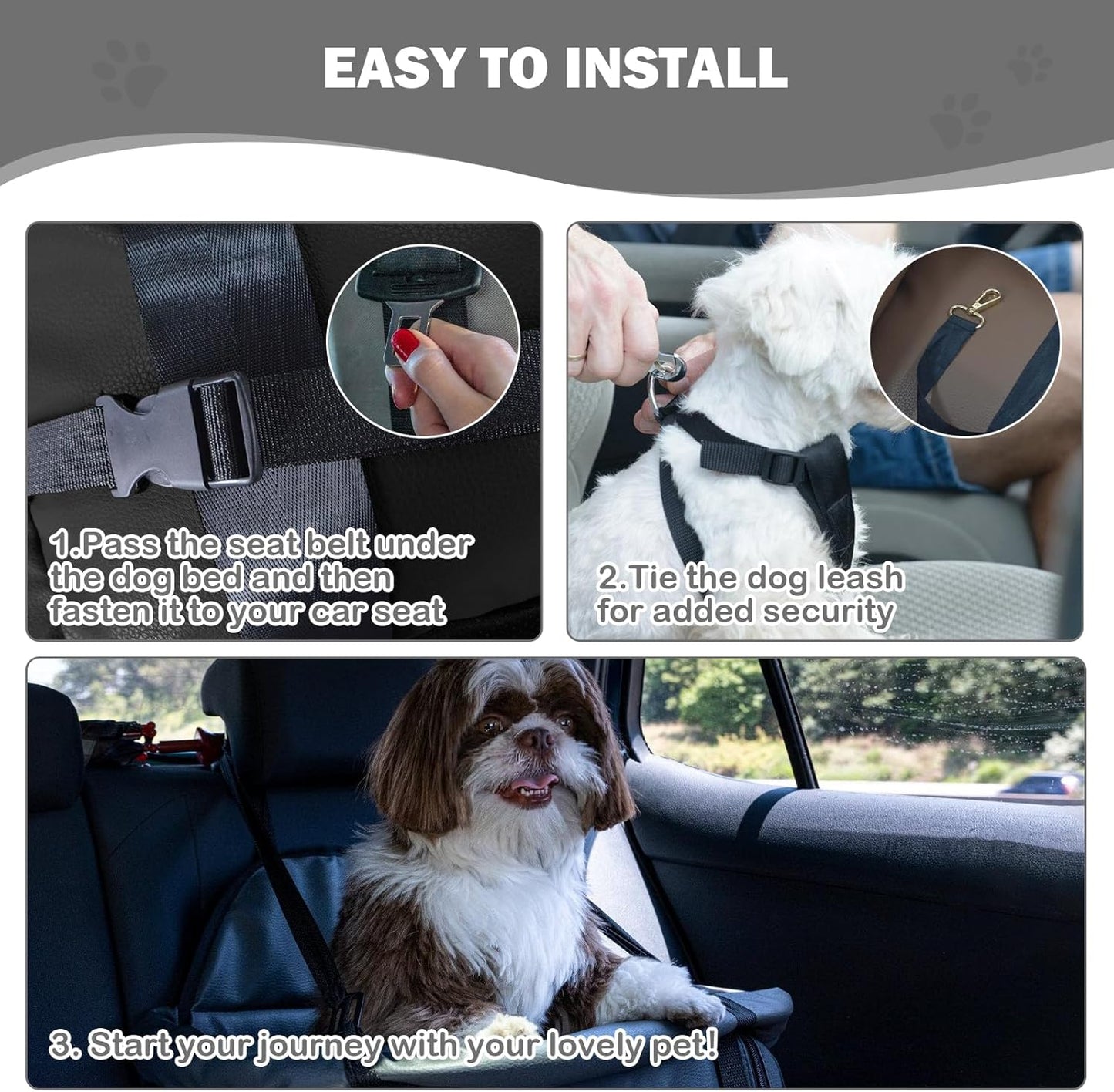 Dog Car Seat for Small Dogs, Large Leather Dog Car Bed with Storage Pocket, Waterproof PVC Leather Booster Seat Travel Bed for Front & Back Seat, Clip-On Safety Leash (Black/Brown)