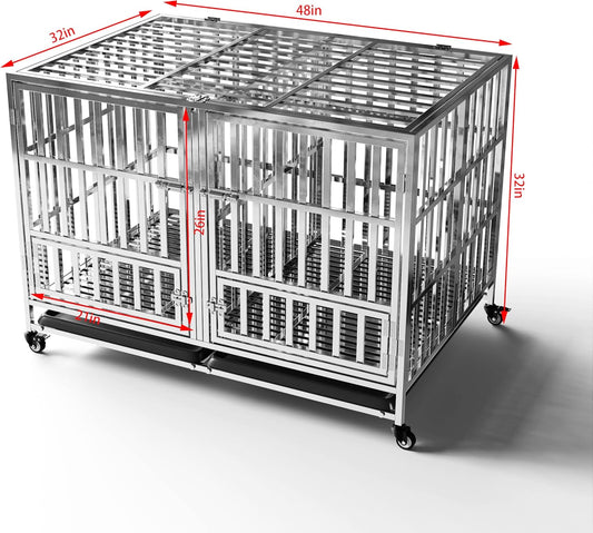 Collapsible Stainless Steel Dog Crate, 30" 37" 42" 48" Sizes, Lockable Wheel, with Tray, Stackable, Heavy Duty, Divider, Indoor and Outdoor (48insm)