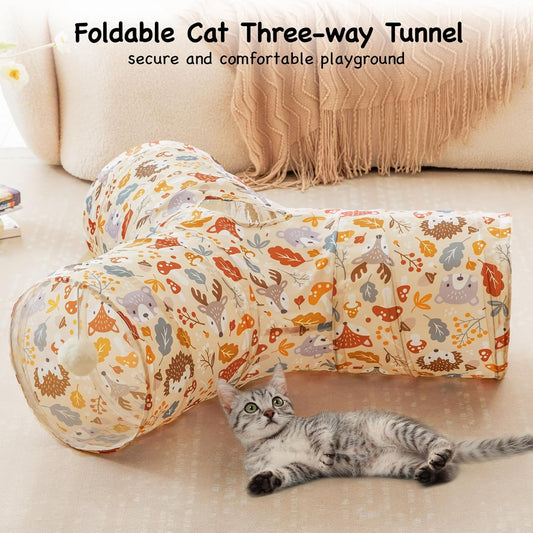 Tempcore Pet Cat Tunnel Tube Cat Toys 3 Way Collapsible, Cat Tunnels for Indoor Cats,Kitty Tunnel Bored Pet Toys Peek Hole Toy Ball Puppy, Kitty, Kitten, Rabbit Beige Deer