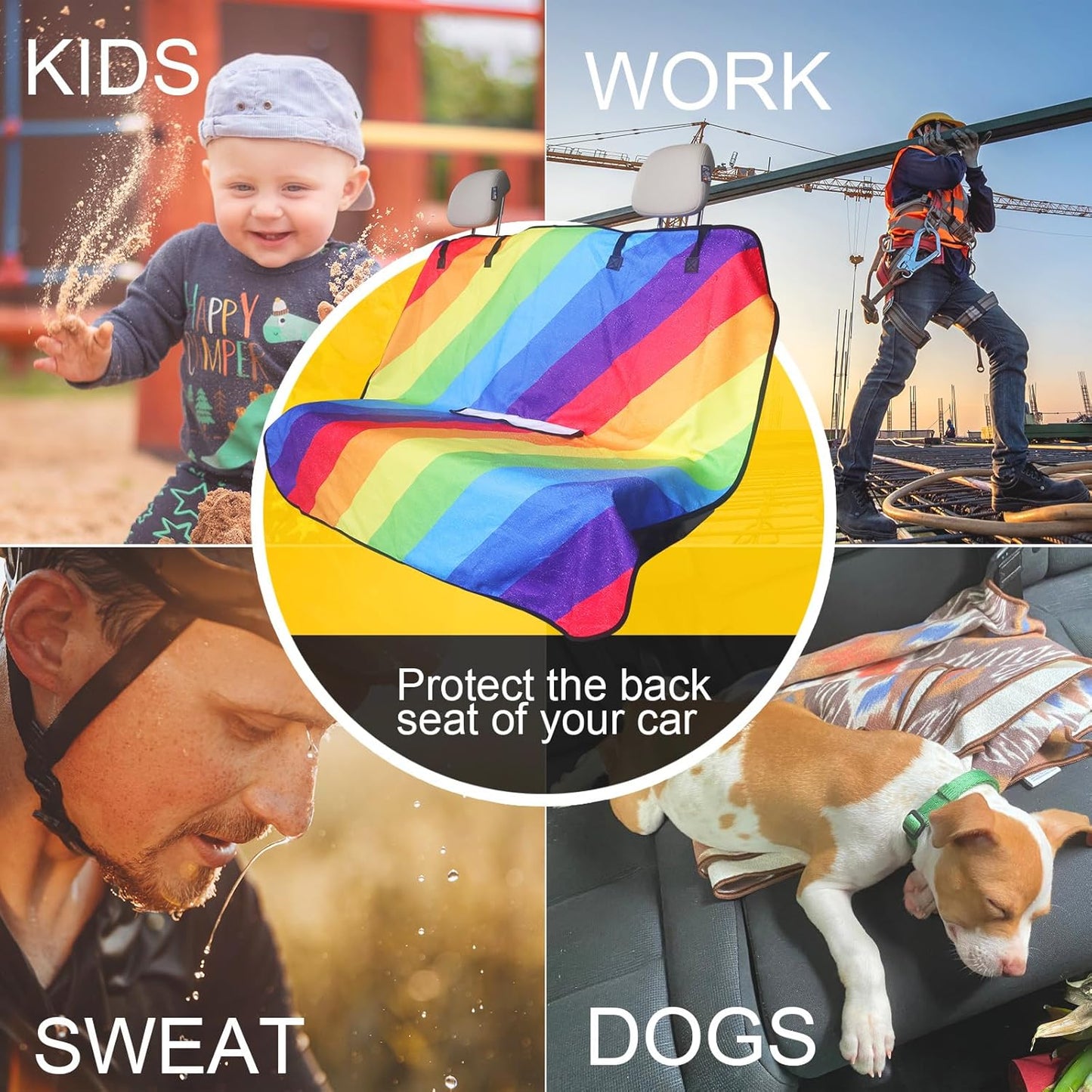 Back Seat Cover for Car Trucks Van SUV,Waterproof Rear Bench Towel Seat Covers for Dogs and Kids,Automotive Backseat Protector (Rainbow)