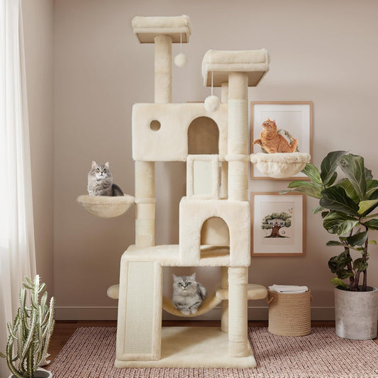 SHA CERLIN 65in Larger Cat Tree Tower Condo for Indoor Kitties/Multi-Level Furniture Activity Center with Wide Base/Cozy Plush Cat Perches/Baskets/Sisal Scratching Posts and Hammock/Beige